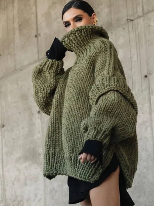 Unifarbener Strickpullover mit hohem Halsausschnitt und doppelten Laternenärmeln