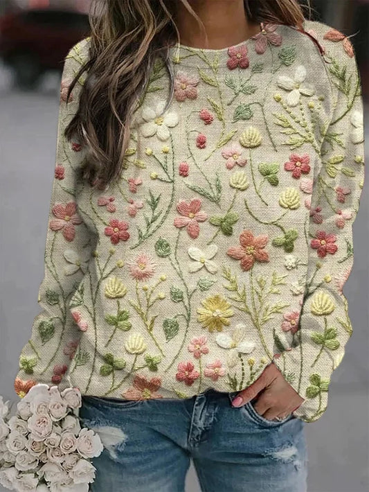 Women's Floral Embroidery Art Printed Long Sleeve Sweatshirt with Round Neck