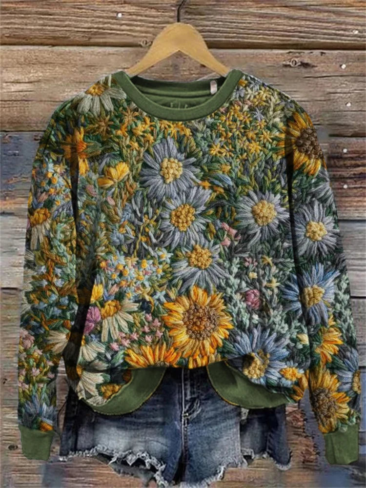 Gemütliches Sweatshirt mit Gänseblümchen-Blumenstickerei Kunst