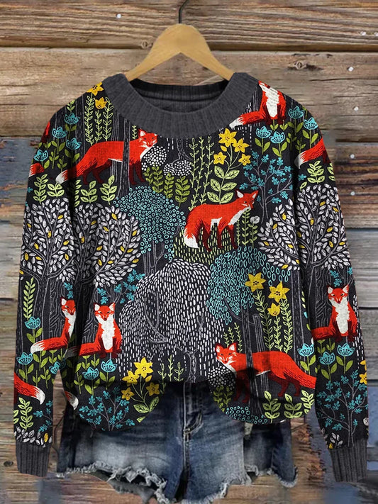 Grauer Vintage Pullover mit Fuchs-Motiv im Wald