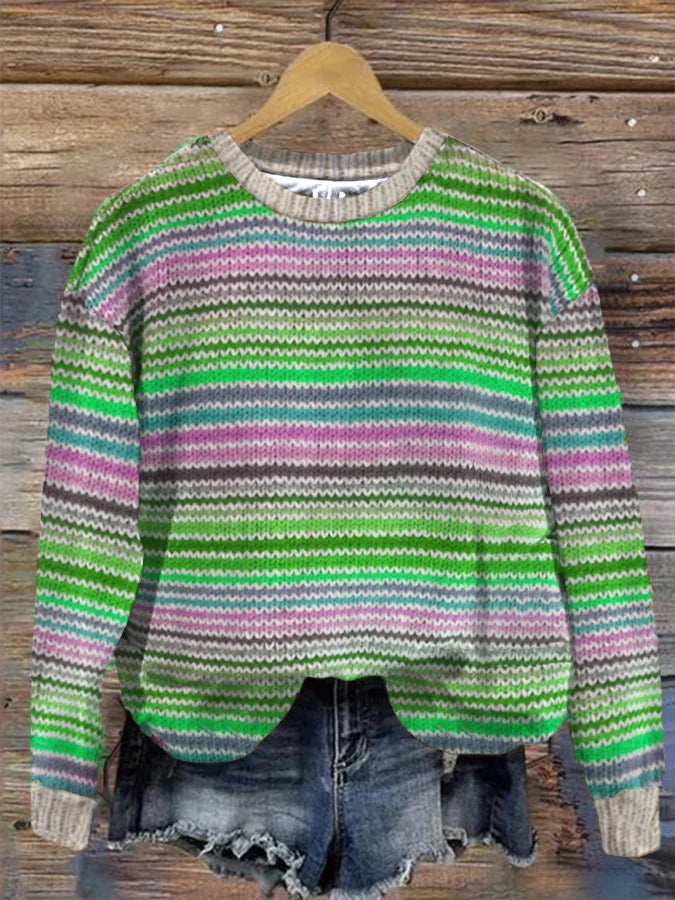 Vintage Pullover mit weichen Streifen verdickt Rundhalsausschnitt lange Ärmel für Damen