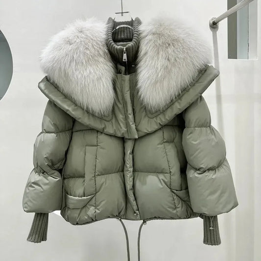 Fur Down Jacket with Hood and Zip Closure