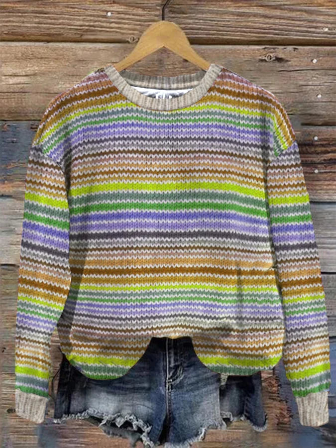 Vintage Pullover mit weichen Streifen verdickt Rundhalsausschnitt lange Ärmel für Damen